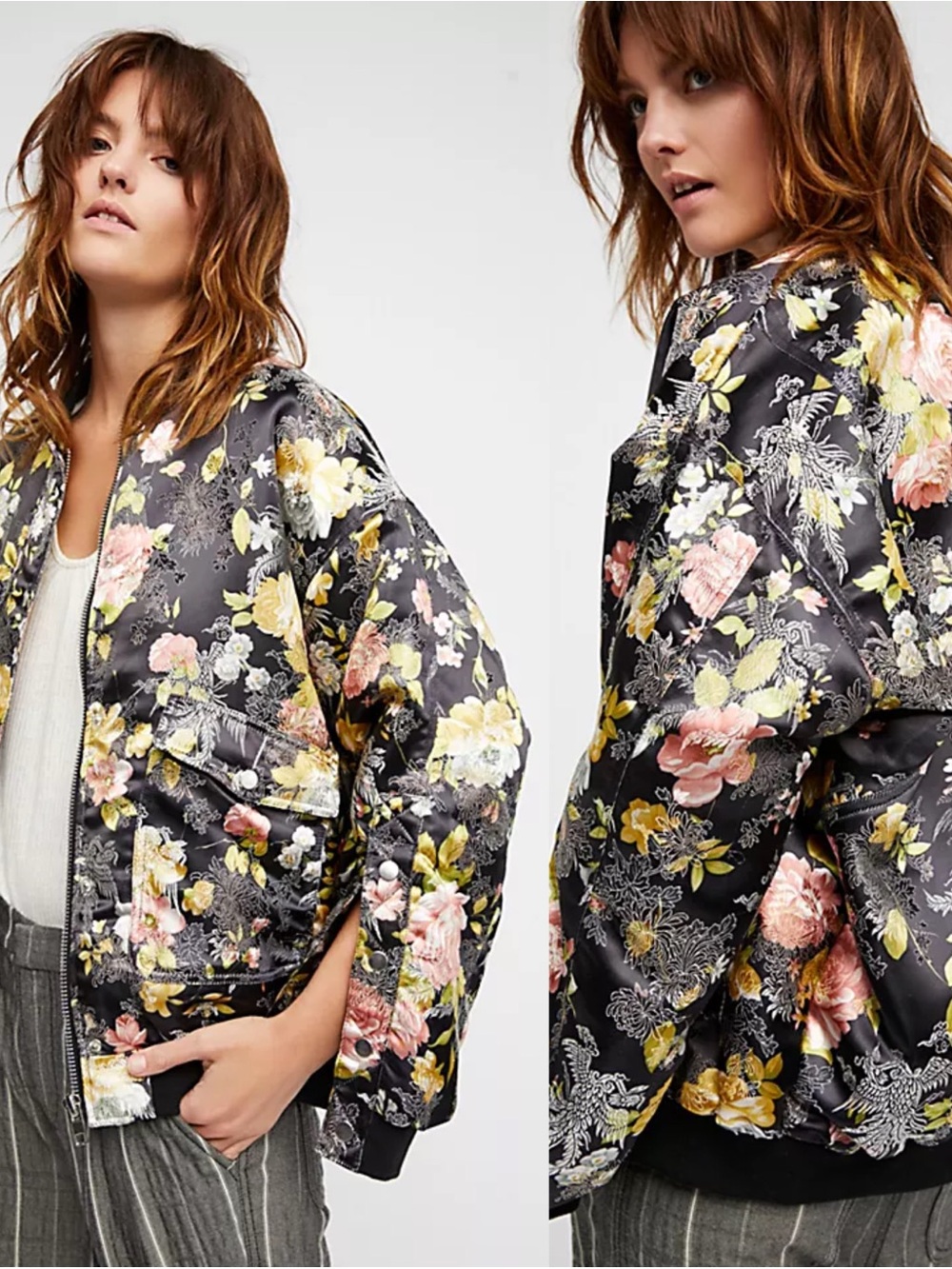 Free People Floral Satin Jacquard Bomber Jacket Large